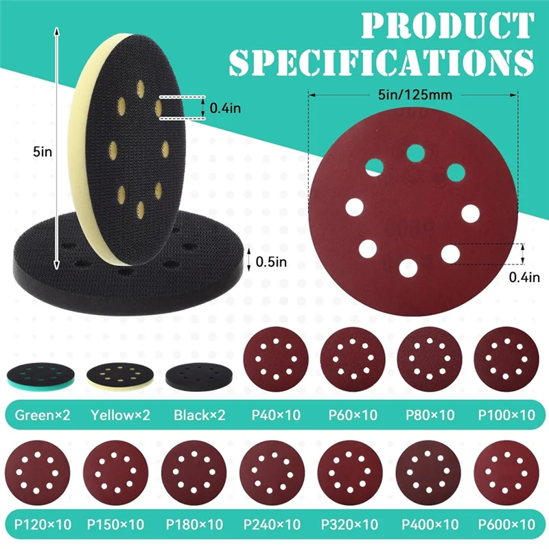 Fresh 116Pcs 5 Inch 8 Holes Hook And Loop Orbital Sander Foam Pads And Sanding Discs 110Pcs Red Sanding Discs, 40 To 600 Grit