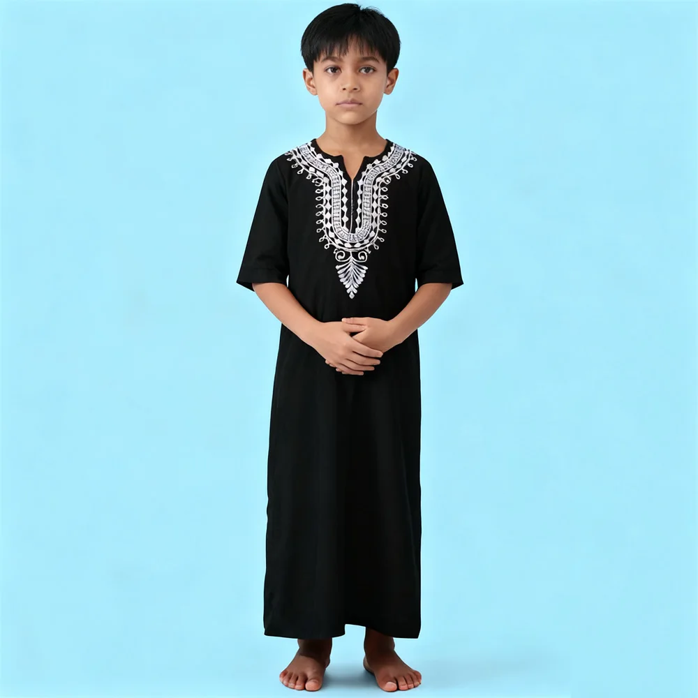 Middle Easte Turkish Muslim Boys Robe Embroidered Short Sleeve Thobe Children Jubba Thawb Eid Prayer Dress Islam Clothing Abaya