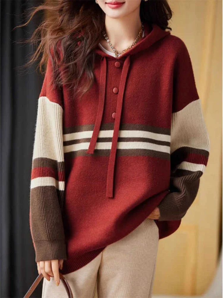 Hooded Striped Sweaters Women Pullovers Korean Style Winter Thicker Knitwear Lace-up Loose Casual Vintage Temper Tender Cozy