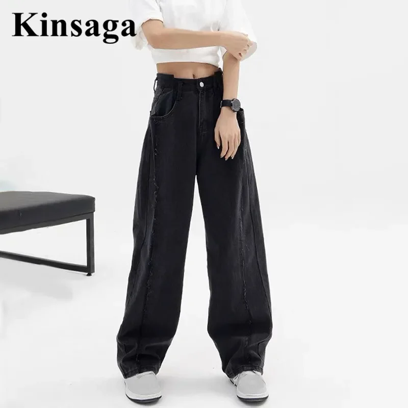 

Aesthetic Tassel Baggy Mopping Jeans Women Punk Grunge High Waist Wide Leg Cargo Joggers Street Harajuku Boyfriend Denim Trouser