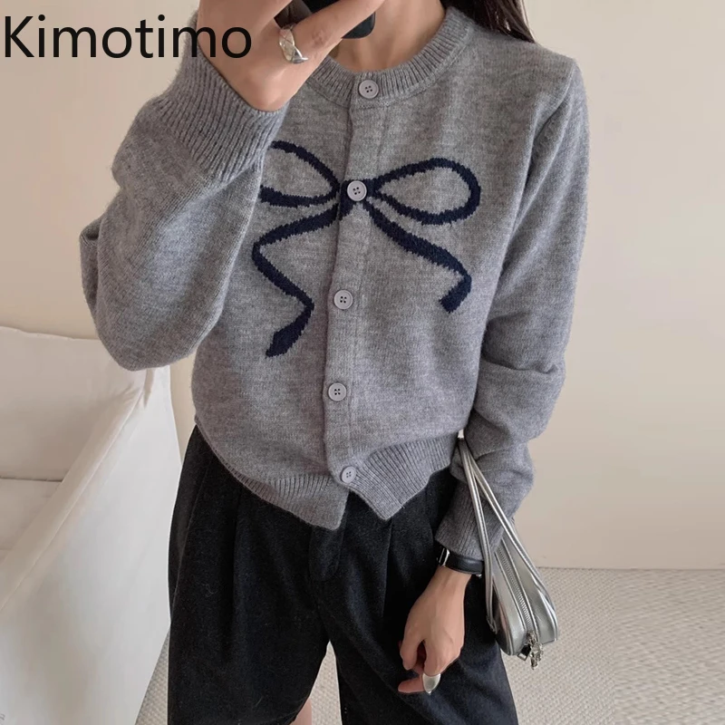 

Kimotimo Autumn Winter Bow Printed Knitted Cardigan Women French Gentle Round Neck Soft Loose Sweater Coat Fashion Casual Tops