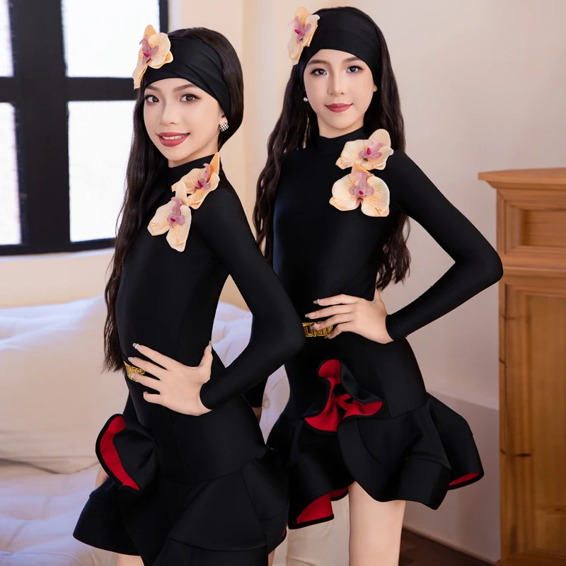 2025 novas roupas de competição de dança latina para meninas preto manga comprida saias grandes balanço terno chacha rumba trajes latinos xh3780