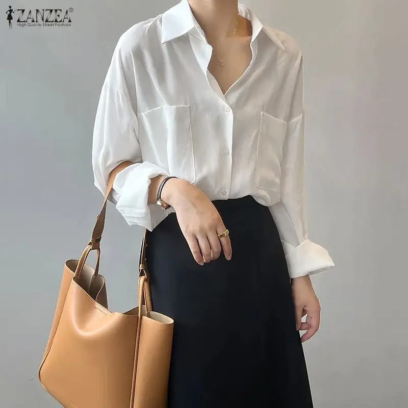 ZANZEA Women Stylish Tops Long Sleeve Shirts Elegant Office Lady Fashion Blouse Lapel Pockets Casual Loose Spring Autumn Blusas