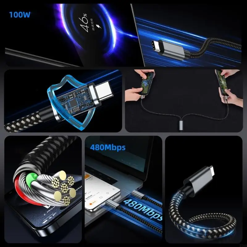 كابل شحن USB C مزدوج 100 وات 2 في 1 سلك شحن سريع مع شريحة ذكية للوحة الهاتف 15 جهازًا لوحيًا