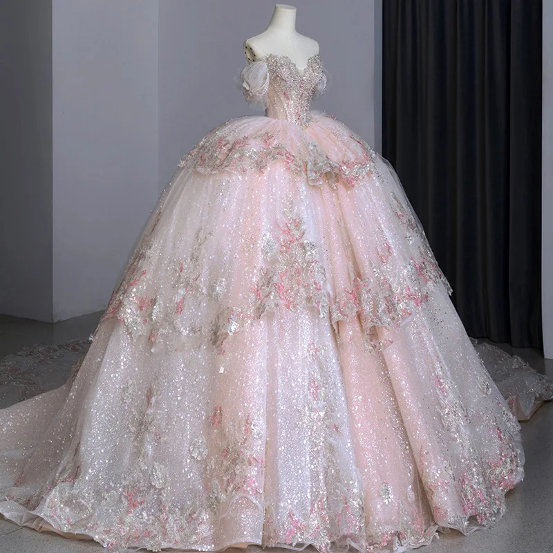 Robe de Mariée Rose Asymétrique à Épaule Dénudée, Longue Queue, Princesse Fuite, Petite Principale, menstruelle, Nouvelle Collection 2024, 600