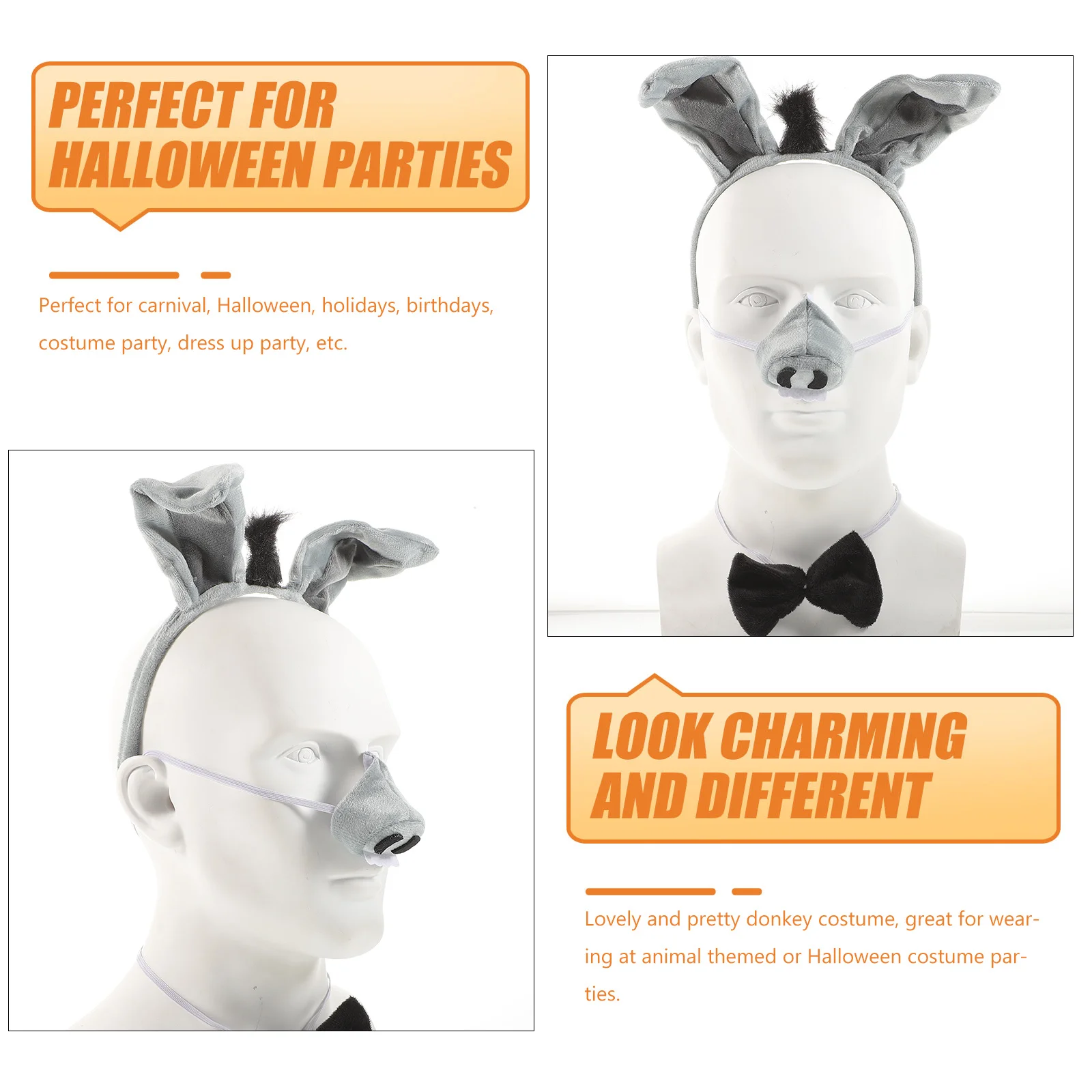 

4 шт., детский костюм осла, повязка на голову, галстук-бабочка, хвост, безопасный, приятный для кожи, платье на Хэллоуин, день рождения, реквизит, костюм осла