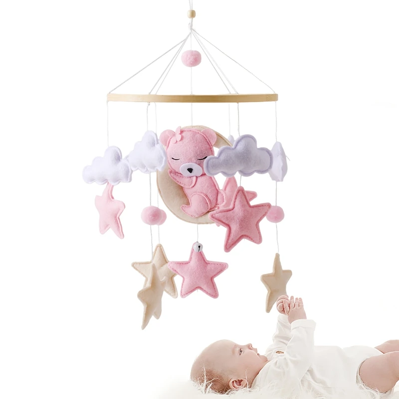 

Baby Crib Pendant Hanging Rattle Wooden Bedbell Toys Pink Bear Mobile Bedbell Toys Crib Rotating Soothing Sleep Toys Infant Gift