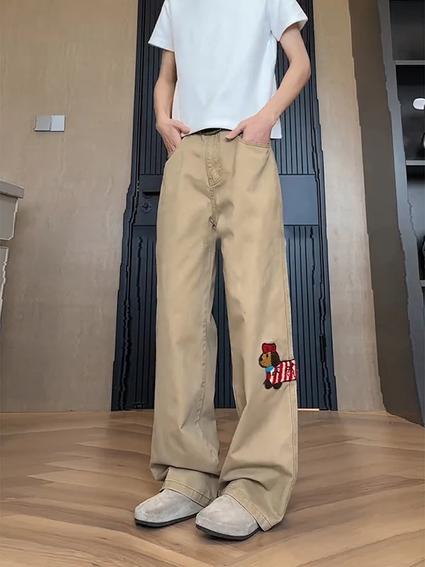 

American Style Sausage Dog Embroidered Wide Leg Jeans Straight Cut Loose Fit Spring Fashion Youthful Cotton Denim Jeans