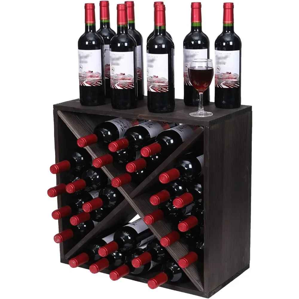 Retro Wooden Wine Rack Cabinet - Freestanding 24 Bottle Black Storage Solution for Countertop