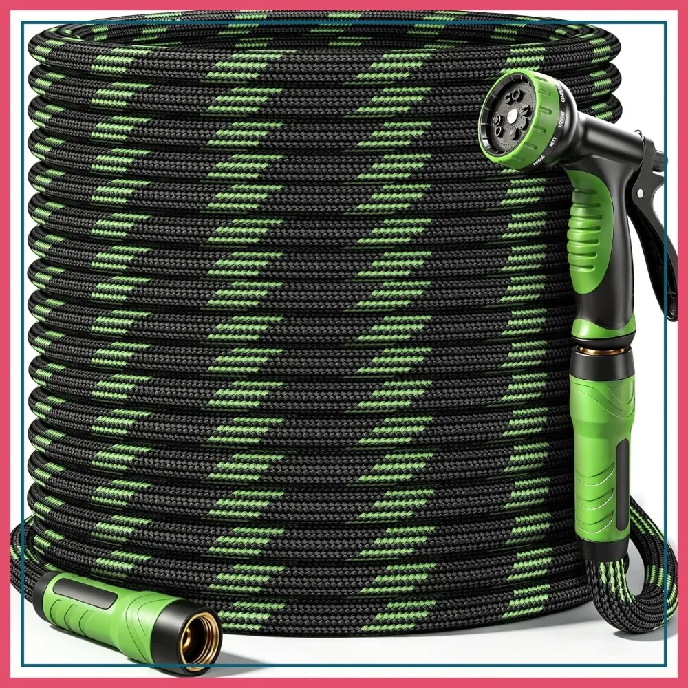 

100FT Heavy Duty Steel Garden Hose, Flexible & Leak-Proof with 10-Function Nozzle