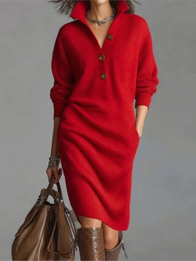 Herfst Mode Gebreide Knop Revers Vrouwen Jurk Casual Losse Zak Luie Rechte Over De Knie Lange Mouw Trui Vrouwelijke Jurk