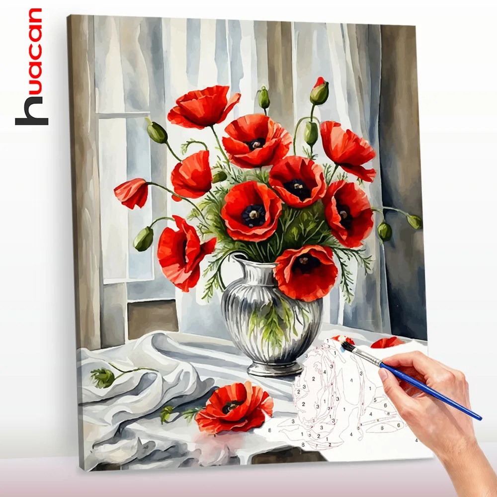 Peinture à l'huile numérique DIY Huacan, vase de coquelicots à peindre par numéros, arts et artisanat floraux, cadeau de Noël, décoration murale, salon