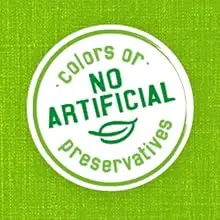 Green text on a white round seal reading No Artificial Colors or Preservatives