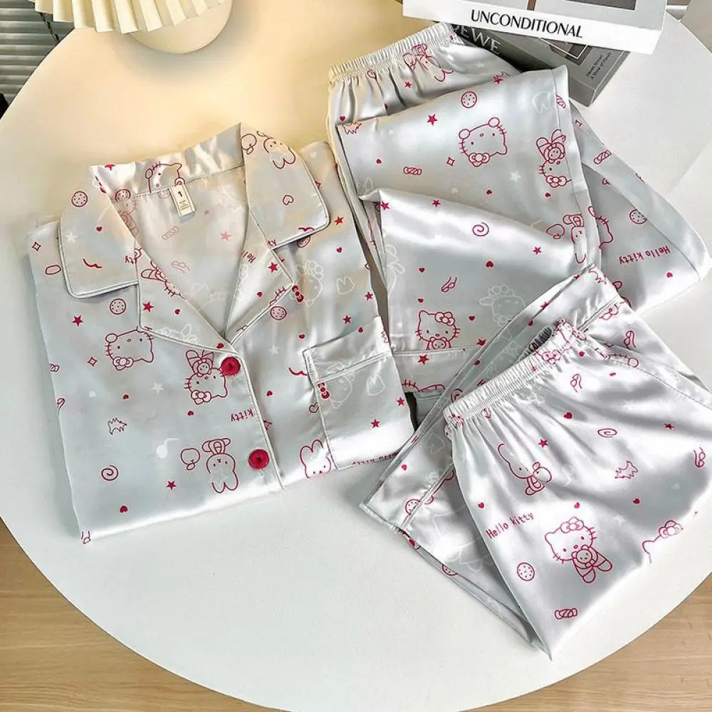 

Милый пижамный костюм из 3 предметов Sanrio Hello Kitty, женская ночная рубашка с героями мультфильмов, комплект домашней одежды из ледяного шелка в стиле аниме, ночная одежда для девочек с героями мультфильмов
