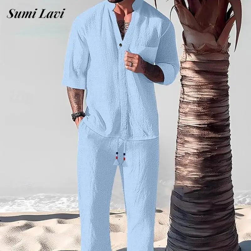 2024 Summer Daily Leisure Breathable Outfits Mens Fashion Half Sleeve Stand Collar Shirt And Pants Two Piece Sets For Men Suits