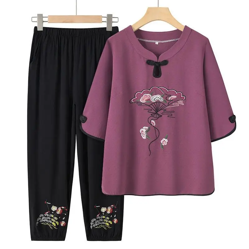 Embroidery Spring Summer Clothing For Middle-aged Mother Two Piece Set For Women Outfit Half Sleeve Top Pant Sets Grandma Suit