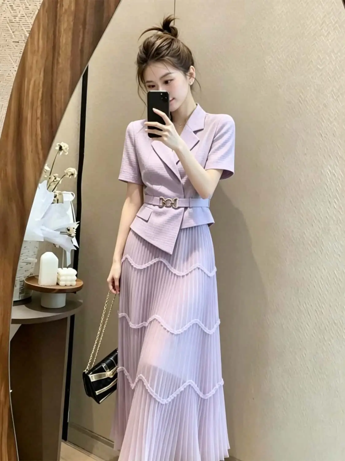 New Office Lady Summer Women's Suit Fashion Design Lapel Short Sleeve Irregular Blazer + Wave A-line Skirt Two Piece Set Elegant