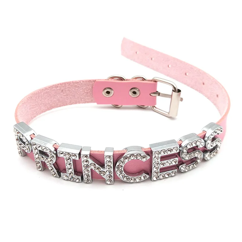 Pink Pu Leather Daddys Princess Choker Collar Rhinestone Letters Custom Name Necklaces For Women Men Personalized Sexy Jewelry