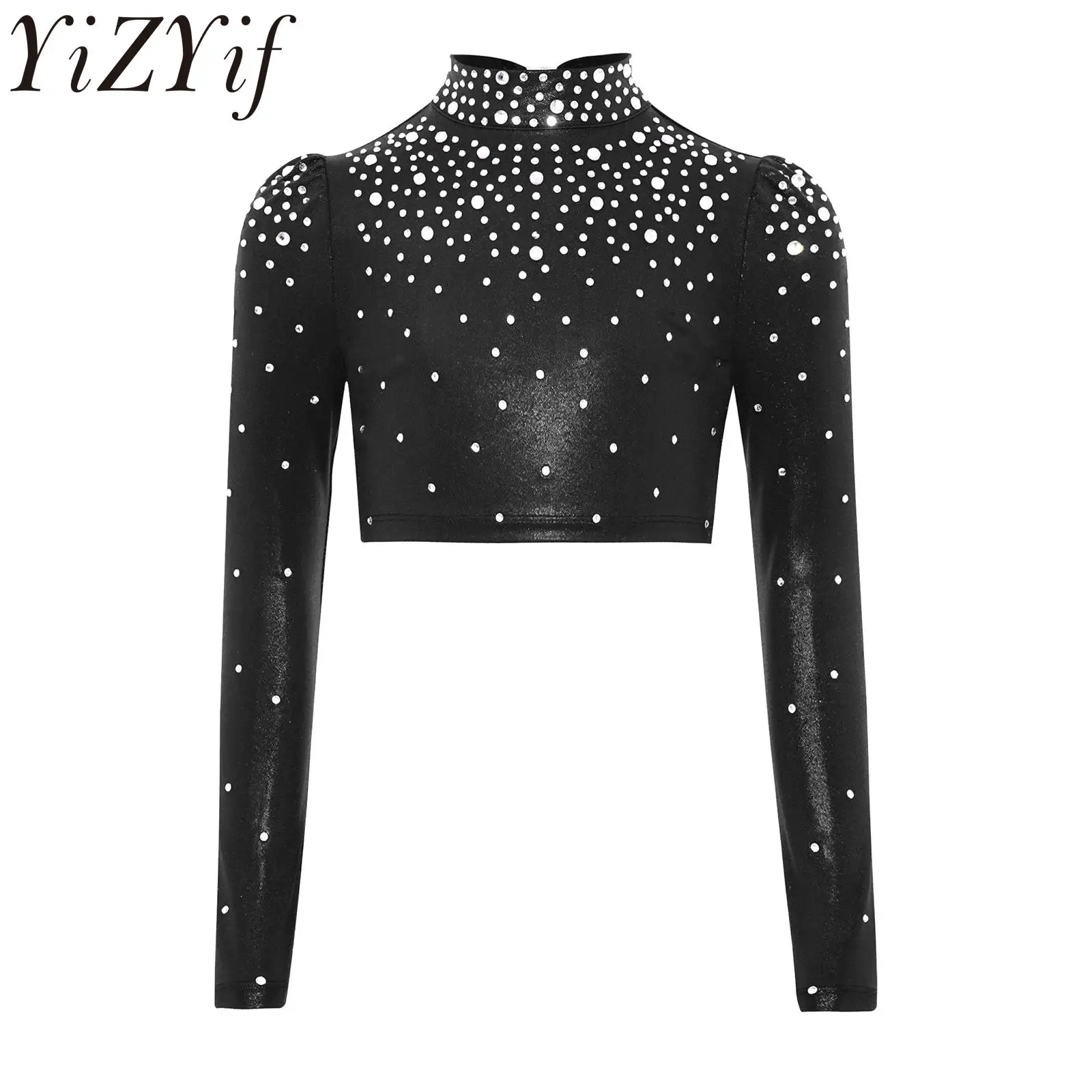 

Children Girls Jazz Dance Stage Shows Doublet Mock Neck Long Sleeve Keyhole Back Sparkling Rhinestones Metallic Crop Top Costume