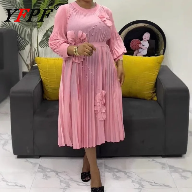 

YFPF Beading Spliced Pleated Long Dress For Women Fashion 3D Floral Belt Gathered Waist Long Dresses 2025 New Clothing 3A347