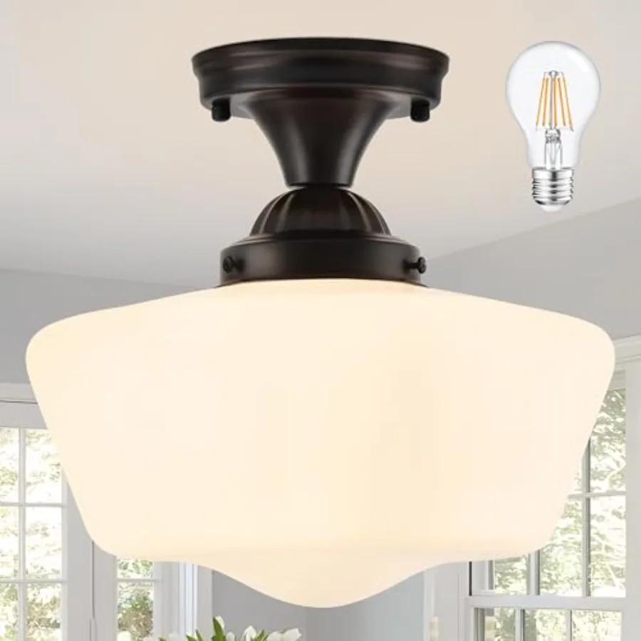 

Schoolhouse Light Fixture 12'' Mid Century Milk Glass Semi Flush Mount Ceiling Light for Bedroom Kitchen Black Incl. LED Bulb