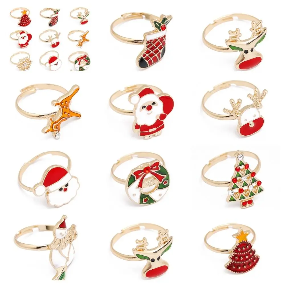 Personality Christmas Tree Christmas Open Ring Dripping Oil Elk Cartoon Lovely Ring Snowman Cartoon Xmas Jewelry Decoration