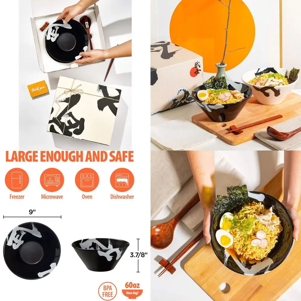

Large 60oz En Bowl Set with Chopsticks, Spoons, and Rests – Ideal for Pho, Salad, Soup, and Udon – Minimalist, High-Quality Blac