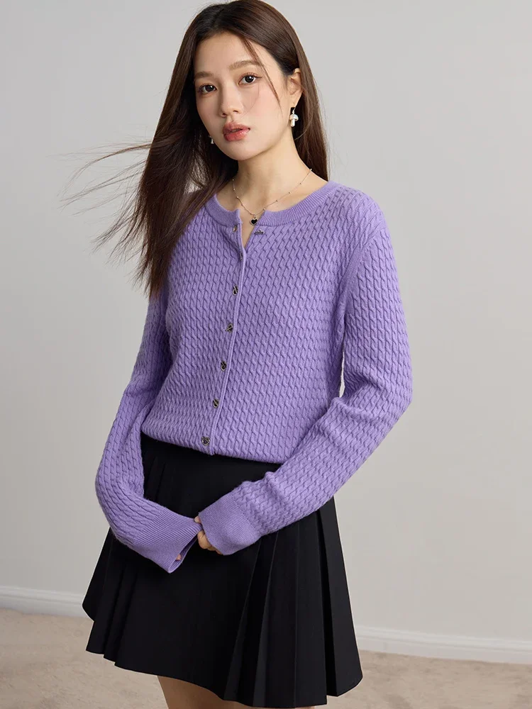 DUSHU 32.9% Wool Women Beige Temperament Short Winter Cardigans Round Neck Purple Single Breasted Office Lady Wool Sweaters