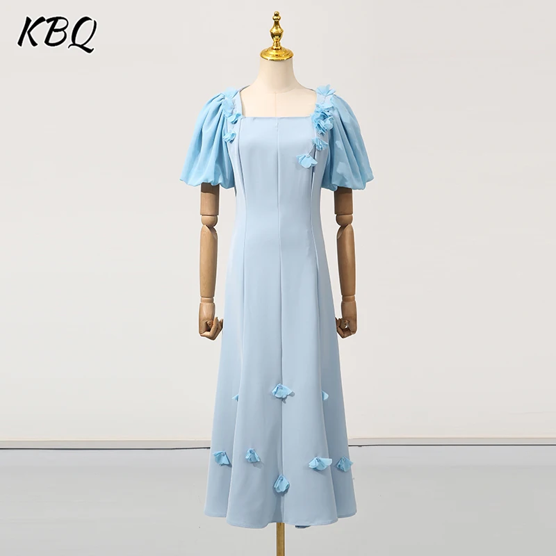

KBQ Solid Slimming Spliced Appliques Long Dresses for Women Square Neck Short Sleeves High Waist Temperament Party Dress Female