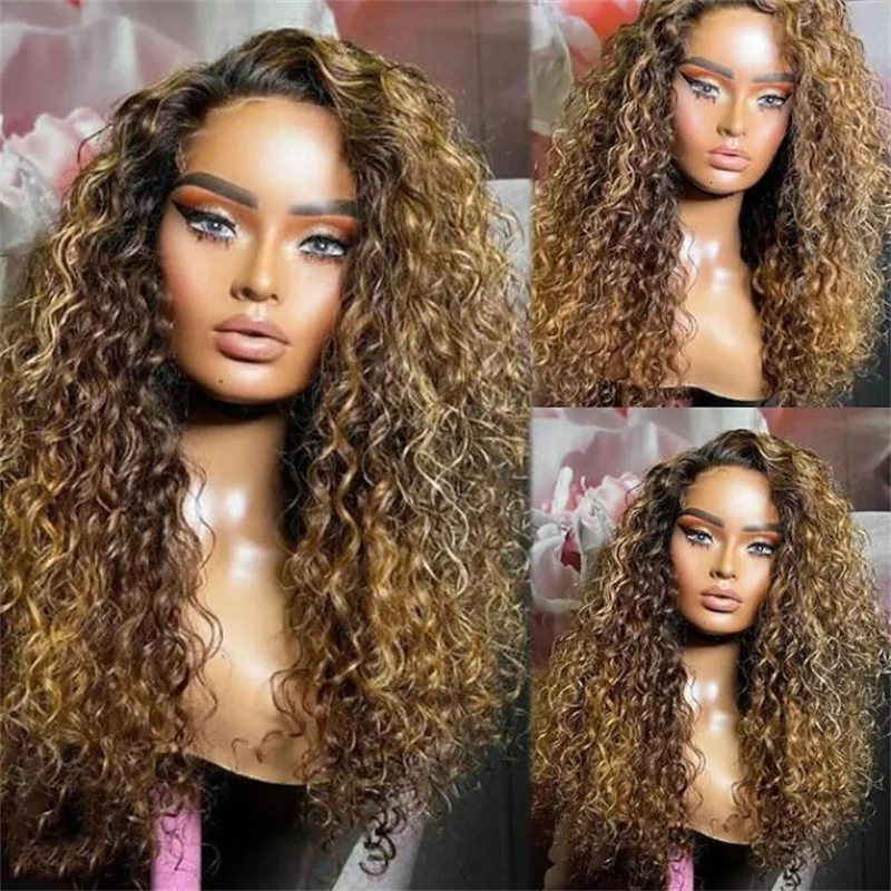 Glueless 180Density Soft Ombre Blond Curly 26Inch Long Lace Front Wig For Black Women With Baby Hair Preplucked Natural Hairline