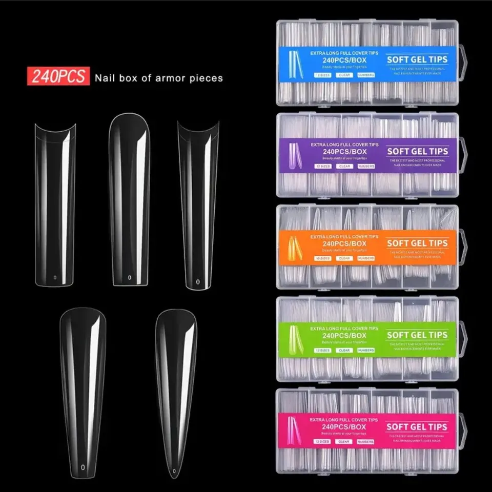 240pcs tips de uñas curva C extra largos, transparentes, para gel acrílico, profesionales para casa o DIY con caja 2