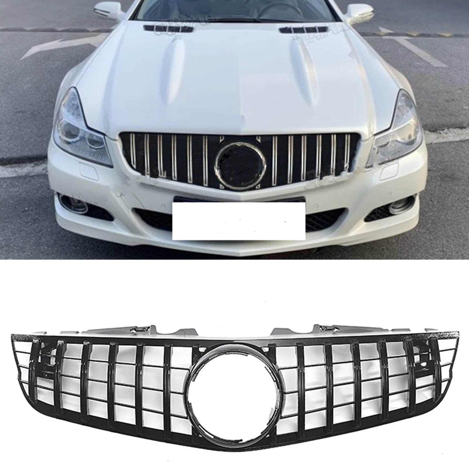 Front Grille Grill For Mercedes-Benz R230 SL-Class 2009-2012 2 Door SL500 SL550 SL600 GT Black/Silver Car Upper Bumper Hood Mesh