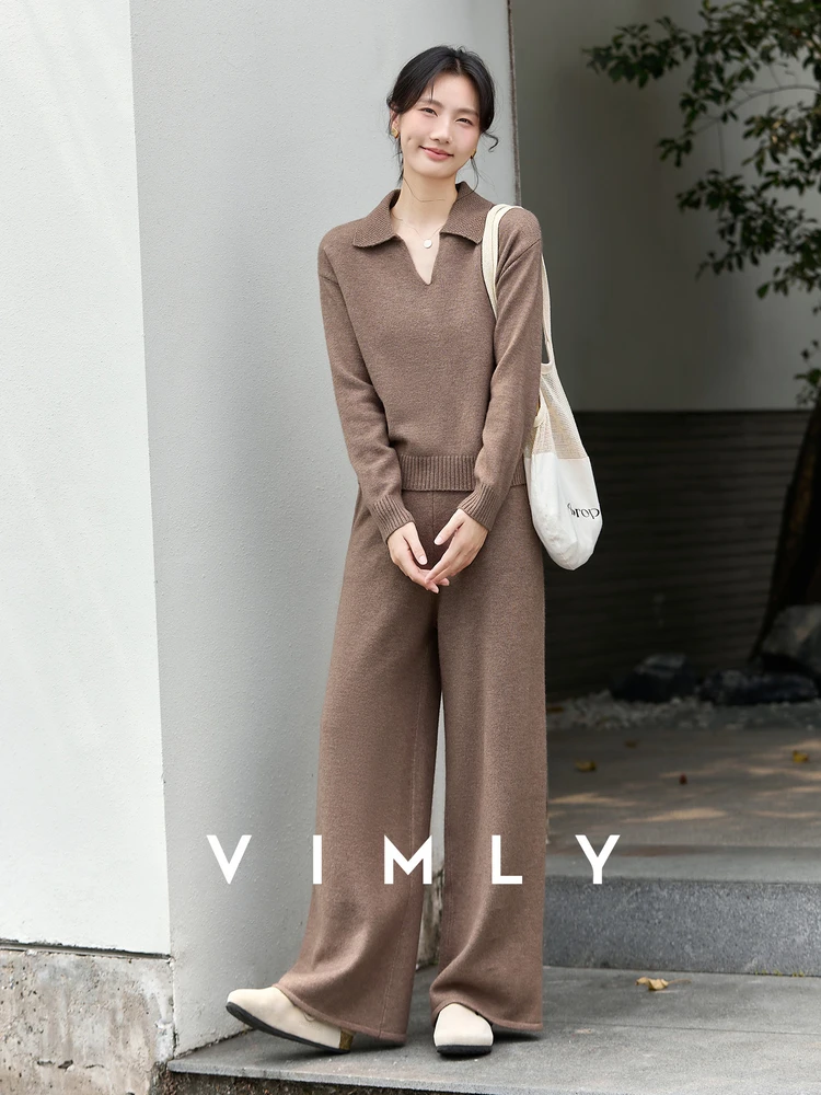 

VIMLY Women Knitted Pant Suits 2025 Autumn Casual Turn-down Neck Tops Straight Leg Wide Pants Female Sets Woman 2 Piece 75122