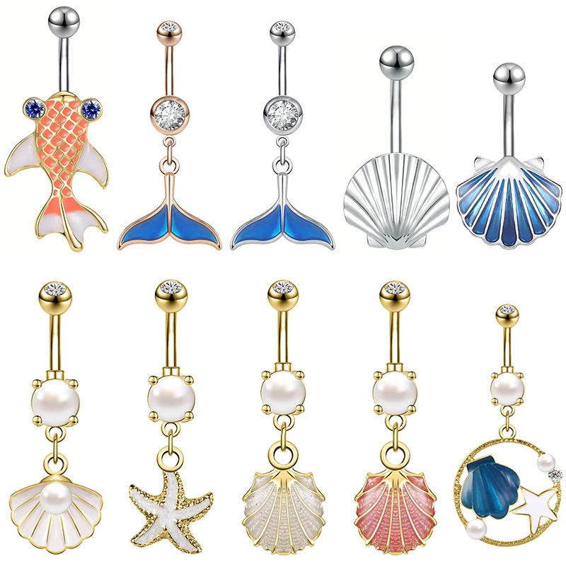 AOEDEJ 14G 1PC Shell Belly Piercing Ring Crystal Starfish Navel Ring Pearl Body Piercing Jewelry Summer Women Shell Belly Ring