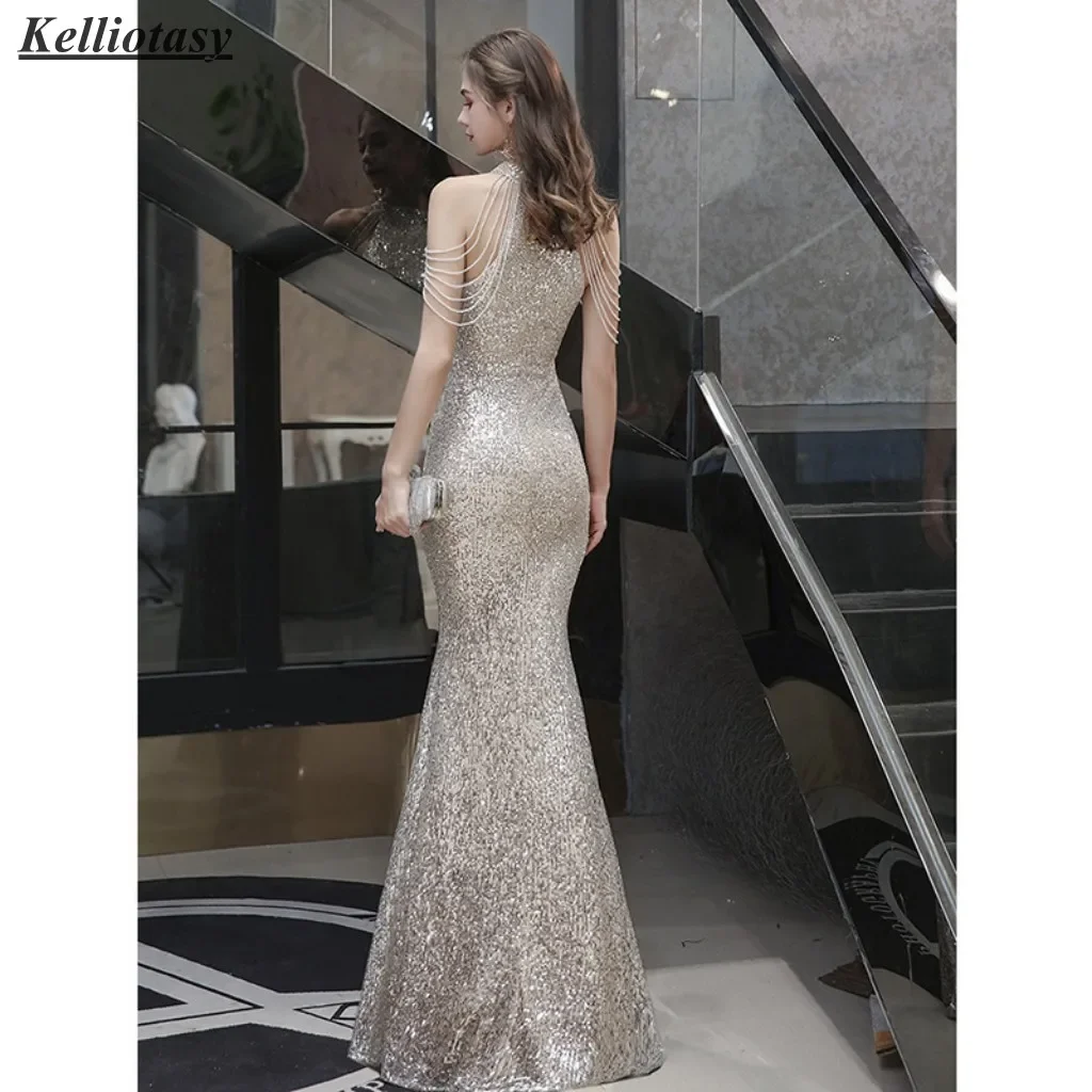 Requintado lantejoulas vestidos de festa de noiva estilo sereia halter beadings luxo feminino festa vestidos de dama de honra para casamento 2025