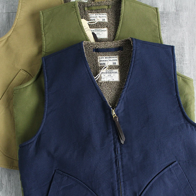 

Thiened Lamb Fur Vest Men's Autumn Winter American Retro Navy Wool Vest Jaet Youth Stand Fit Faion Urban Sle Zipper