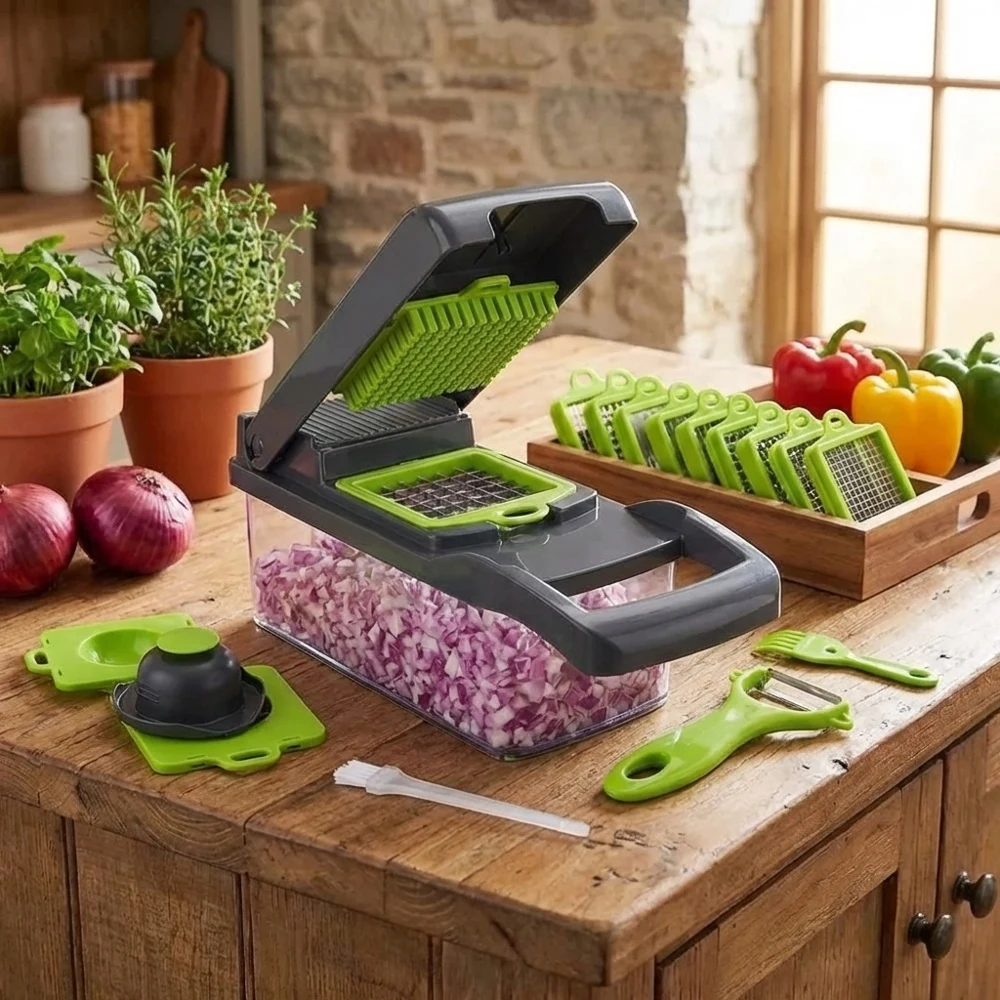 Cortador de Verduras Multifuncional de Mano, Picador de Alimentos, Rebanador, Rallador con Múltiples Cuchillas, Separador de Huevos, Pelador para Tomate