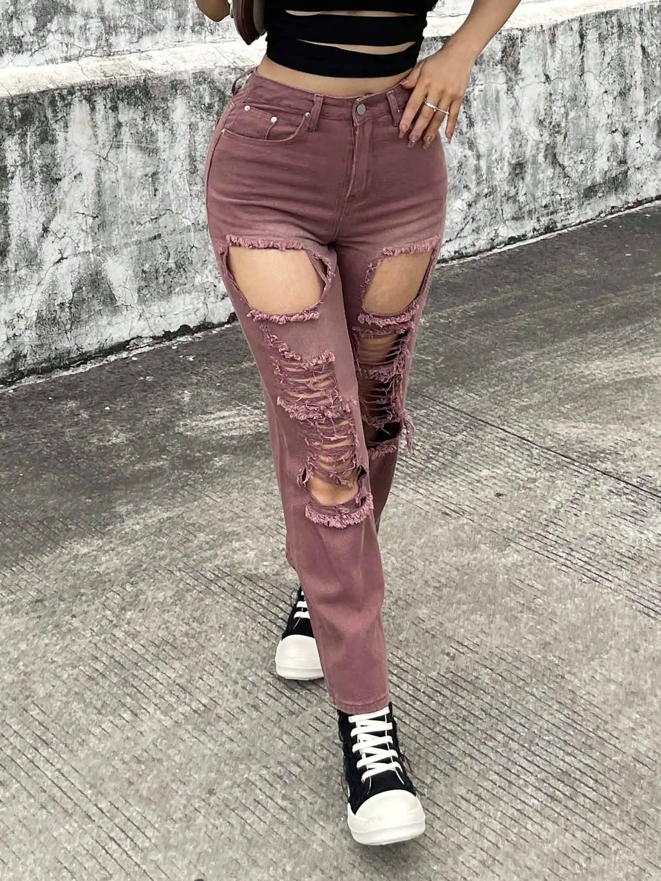 WGXWGX Women's High-Waisted Distressed Denim Jeans Ripped Straight Leg Pink Wash Cotton Blend Streetwear Fashion