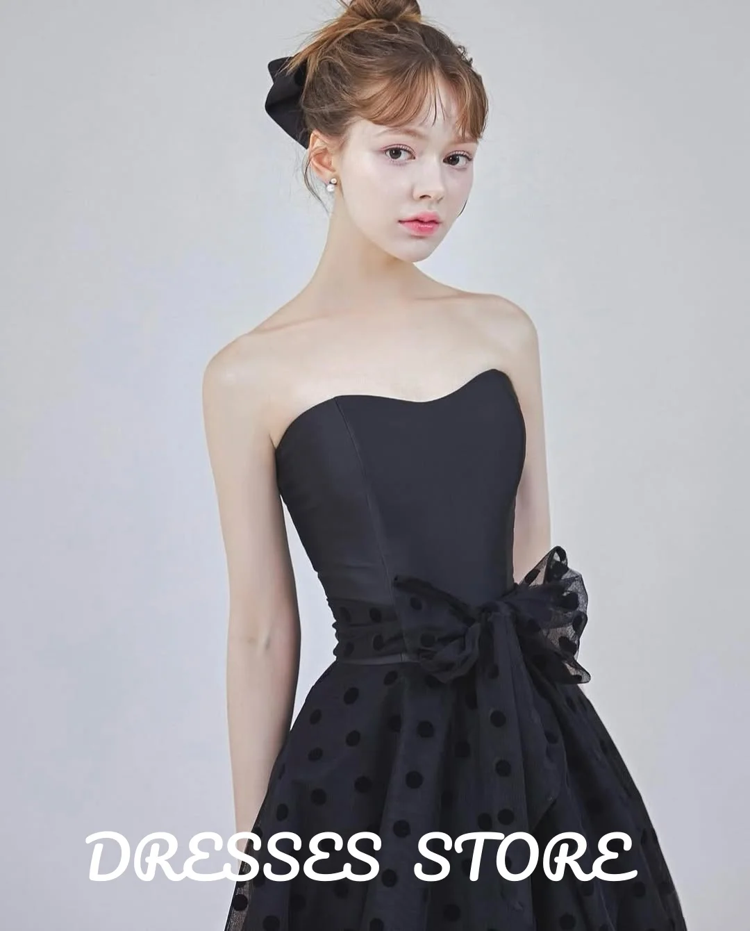 MD New Elegant Black Strapless Evening Dresses Sleeveless Shawl Korea Photo shoot Polka Dot Lace Mesh customised Prom Gown 2025