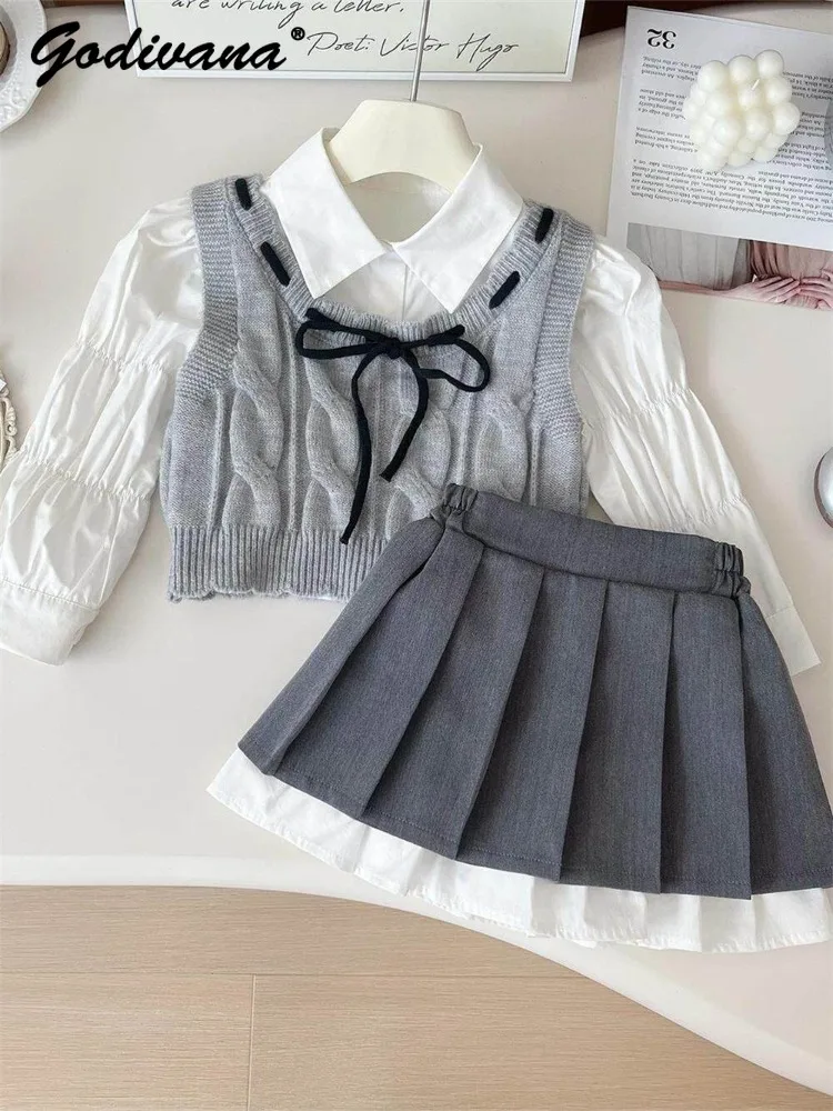 

Sweet Little Girls Spring Preppy Style Set Fashion White Blouse Knit Vest Elastic Waist Princess Pleated Skirt Three Piece Set