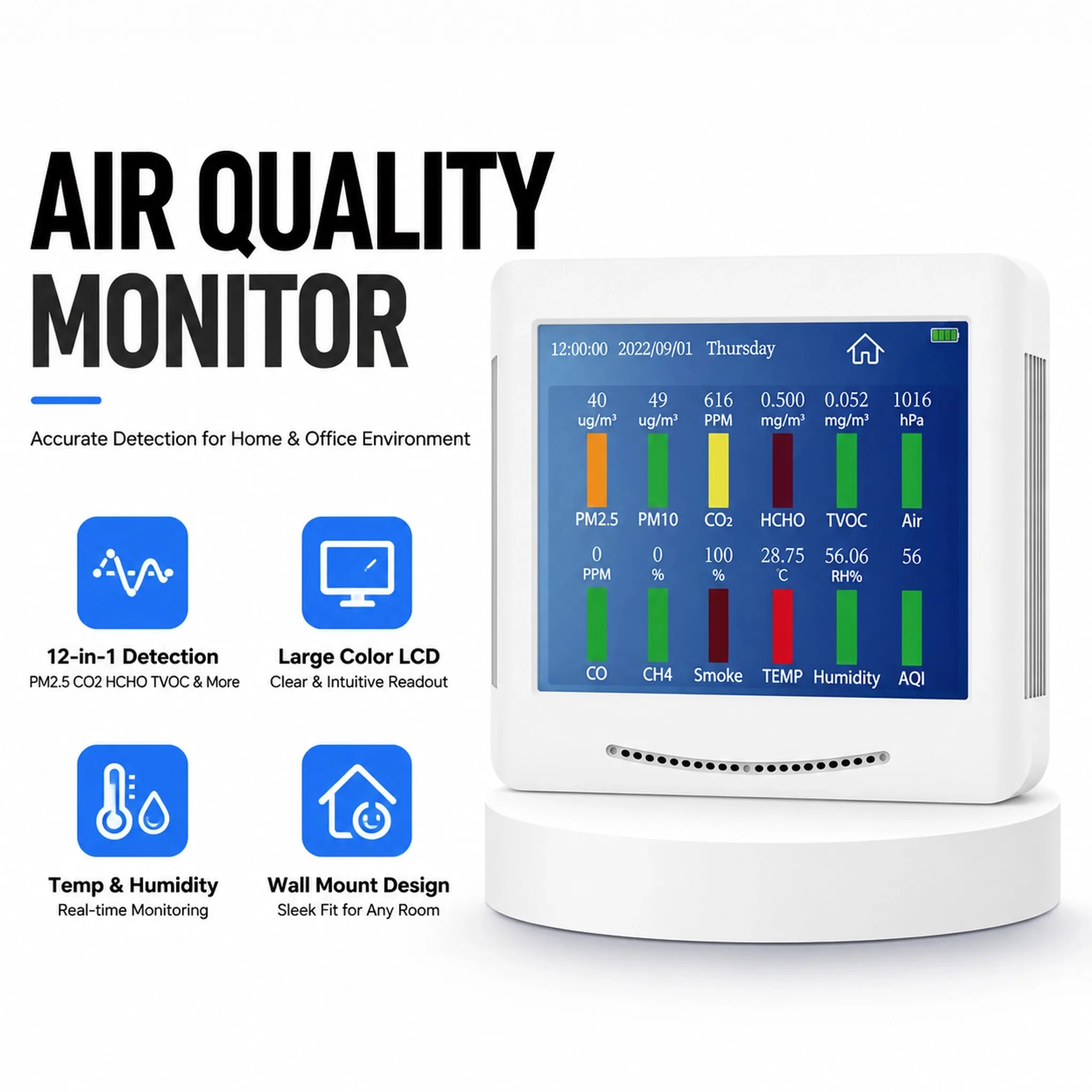 PM2.5 Monitor 0-150μg/m³ 5.7%FS Error 1.0% Repeat 10s Light Scattering for Home Office HVAC Testing 3rd-Party Calibrated JJF1211