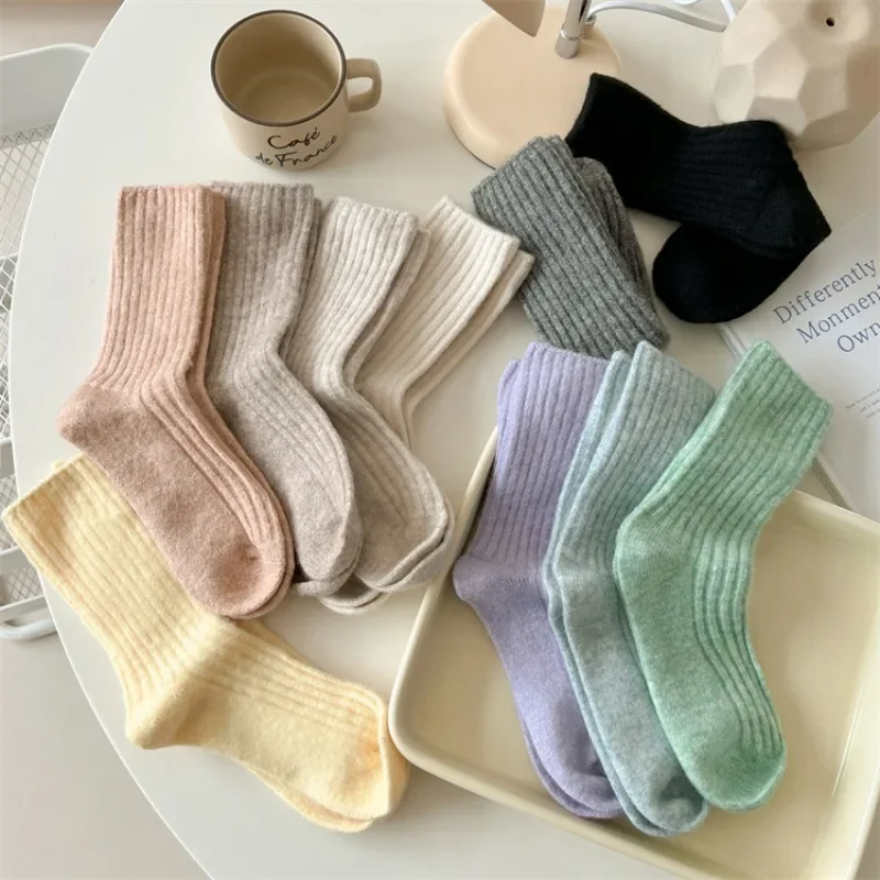 Winter Women Socks Wool Cashmere Thick Warm Sleeping Socks Women Japanese Style Solid Color Thermal Kawaii Socks Christmas Gifts