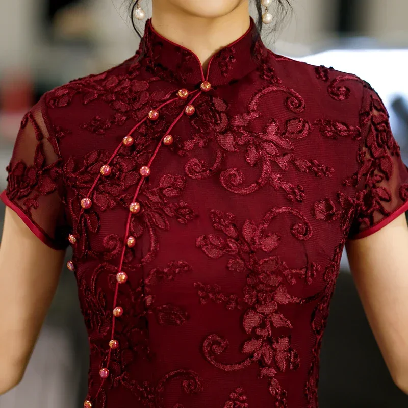 

Burgundy Lace Female Qipao Traditional Chinese Dress Vintgae Classic Mandarin Collar Cheongsam Sexy Slim Split Vestidos 3XL 4XL