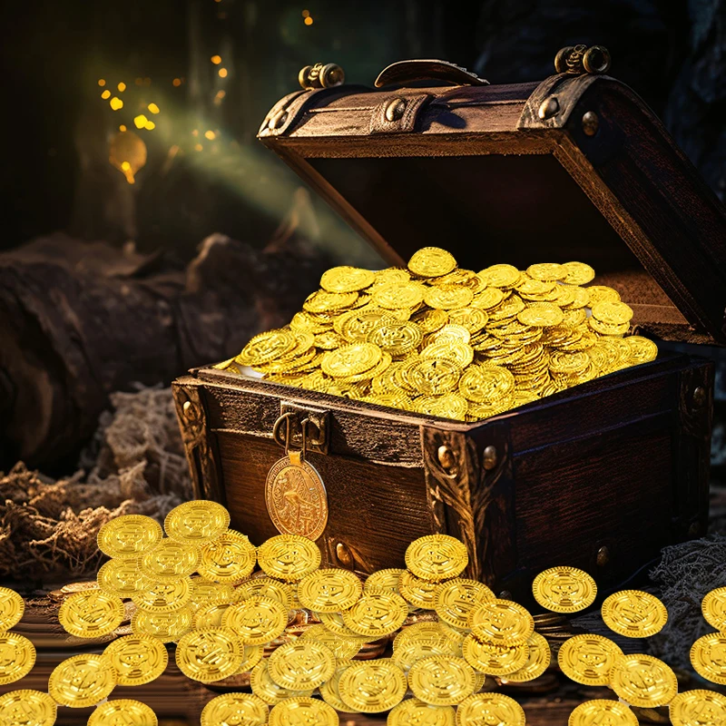 50/100/200Pcs Piraten Gold Münzen Kinder Geburtstag Party Dekoration Gefälligkeiten Kunststoff Gefälschte Münze Schatz Geschenk Halloween cosplay Requisiten – Detail 1