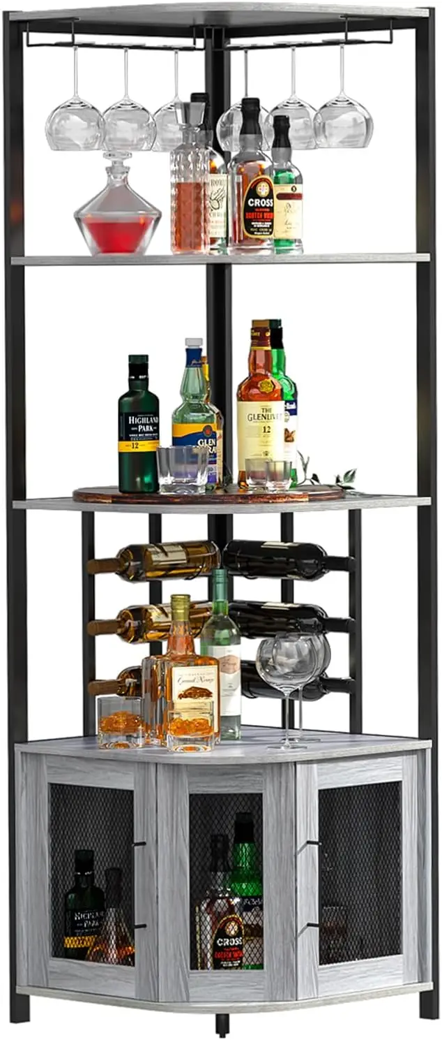 

Anmytek Corner Bar Cabinet Wood Liquor Cabinet With Wine Rack, 5-Tiers Industrial Corner Wine Cabinet With Shelf Storage, Home