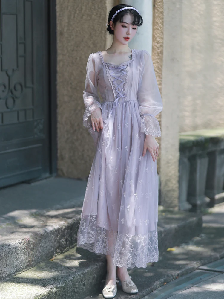 French Style Temperment V-neck Dresses Women Purple Romantic Fairy