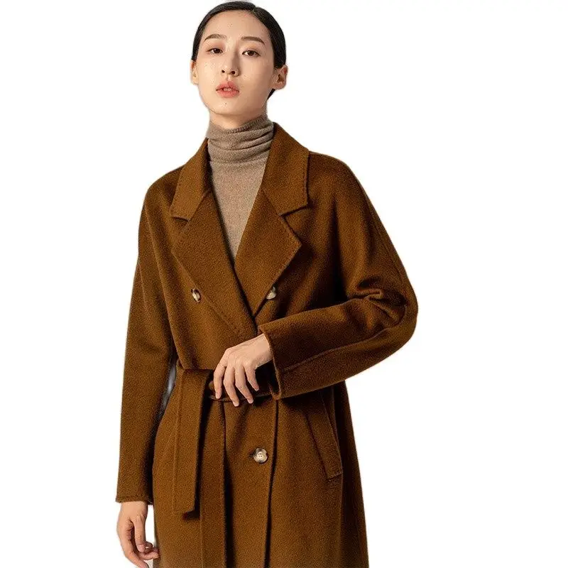 Women\'s Mid-Length Wool Coat with Slant Pockets Water Ripple Cashmere Coat Camel Lace-Up Button Black Casual JacketAutumn Winter