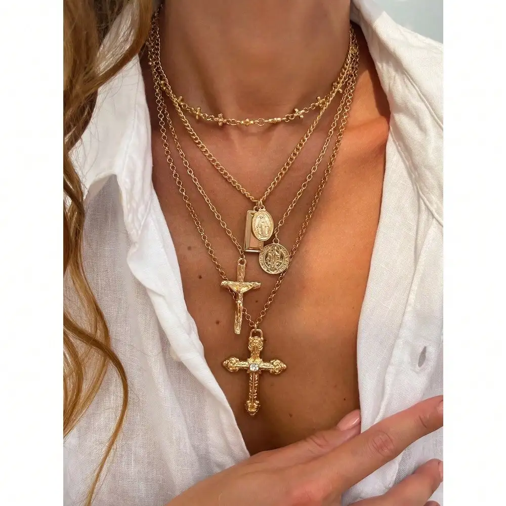 

4pcs Vintage Metal Geometric Round Pendant Multilayer Necklace Set, Women Punk Style Jesus Cross Pendant Necklace