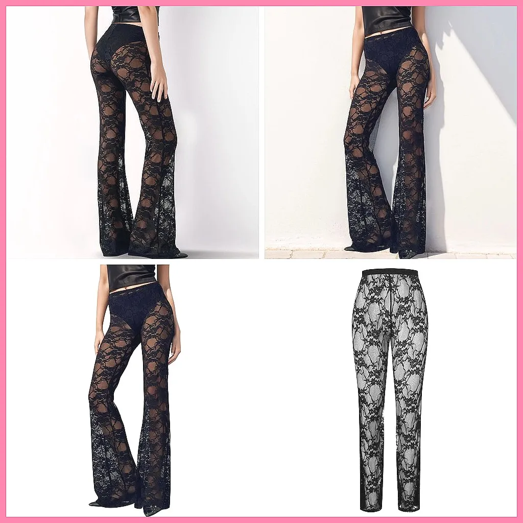 

Sexy Hollow Out Lace Flared Pants for Women, High Waist See-Through Trousers, Nightclub & Summer Trendy Bottoms
