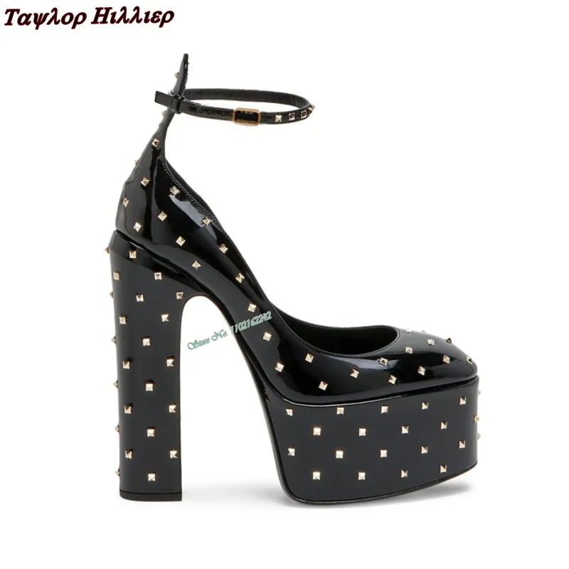 Autumn Rivets Waterproof Platform High Heels Pumps Round Toe Thick Heel Buckle Strap Fashion Banquet Party Dress Women\'S Shoes